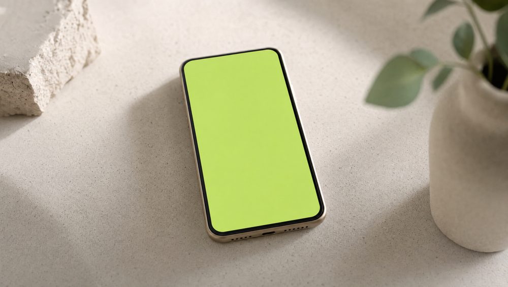 Smartphone mit leuchtendem Display auf hellem Untergrund
