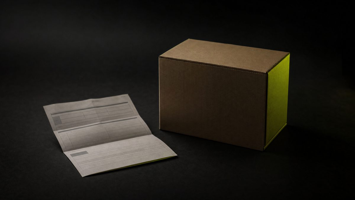 Versandkarton neben einem ausgefüllten Papierformular